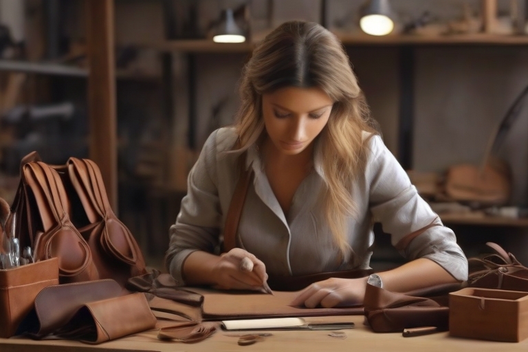 Leonardo_Diffusion_XL_Photo_luxe_leatherworker_woman_making_ha_1